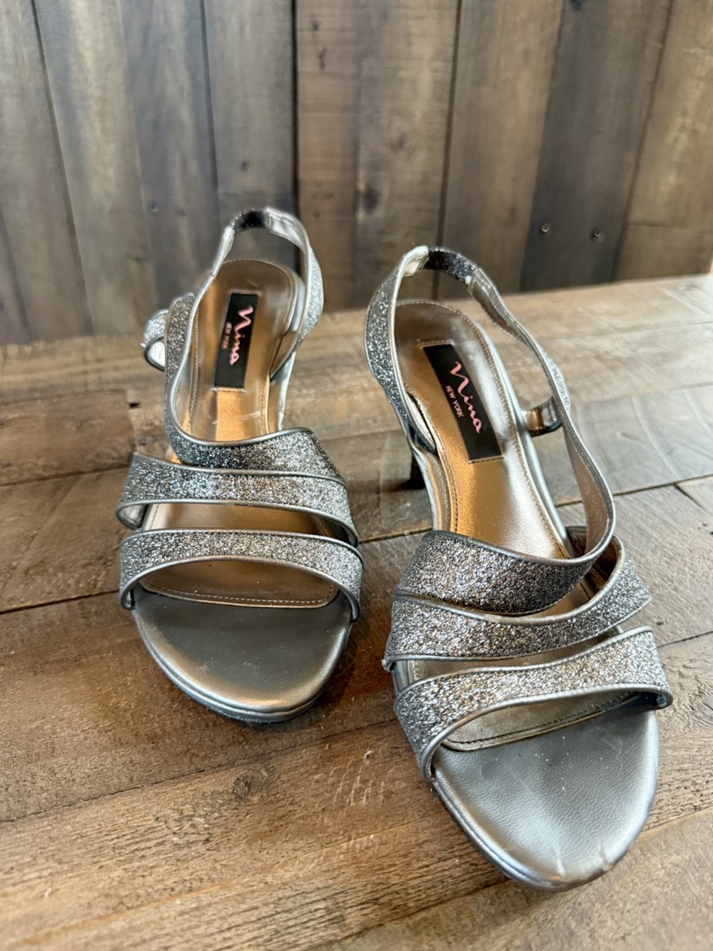 Nina Leather Solo Glitter Strappy Heels in Silver US 7.5